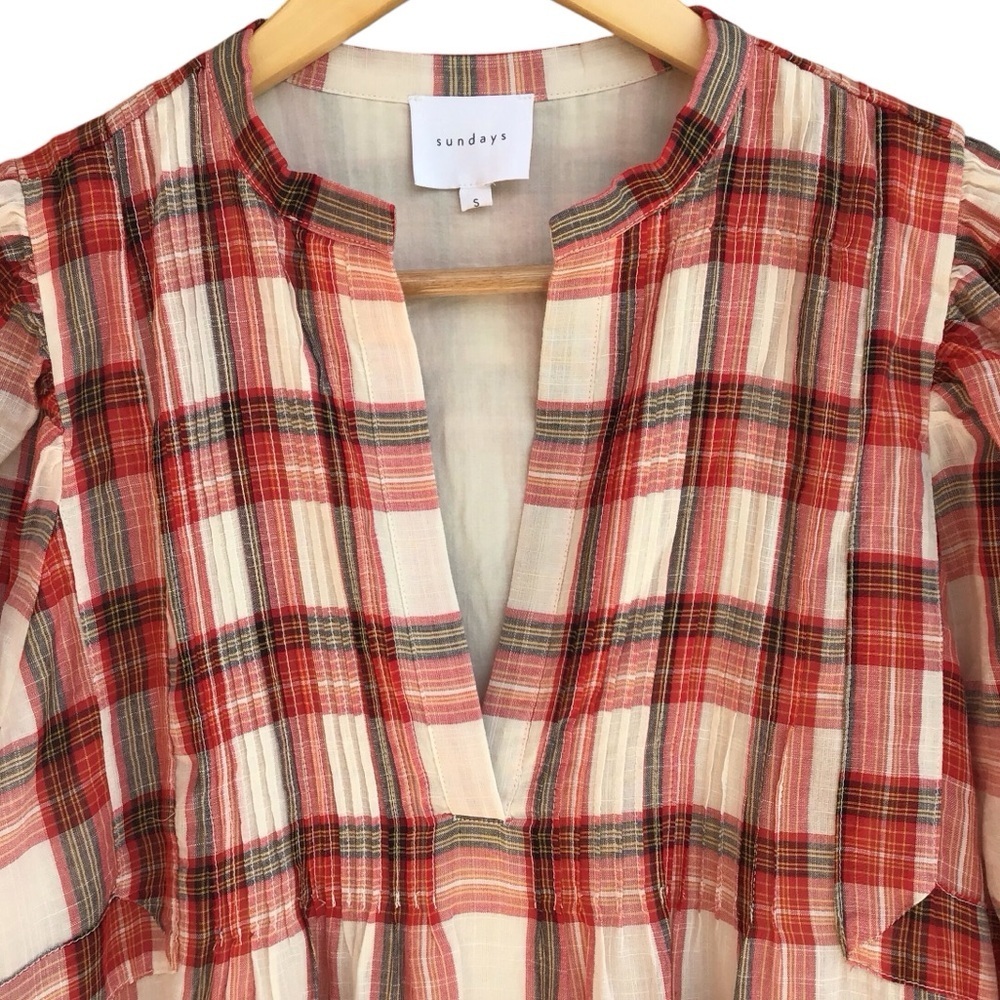 Sundays Jacques Long Sleeve Plaid Dress Pintuck Boho Dress NEW - Picture 4 of 15